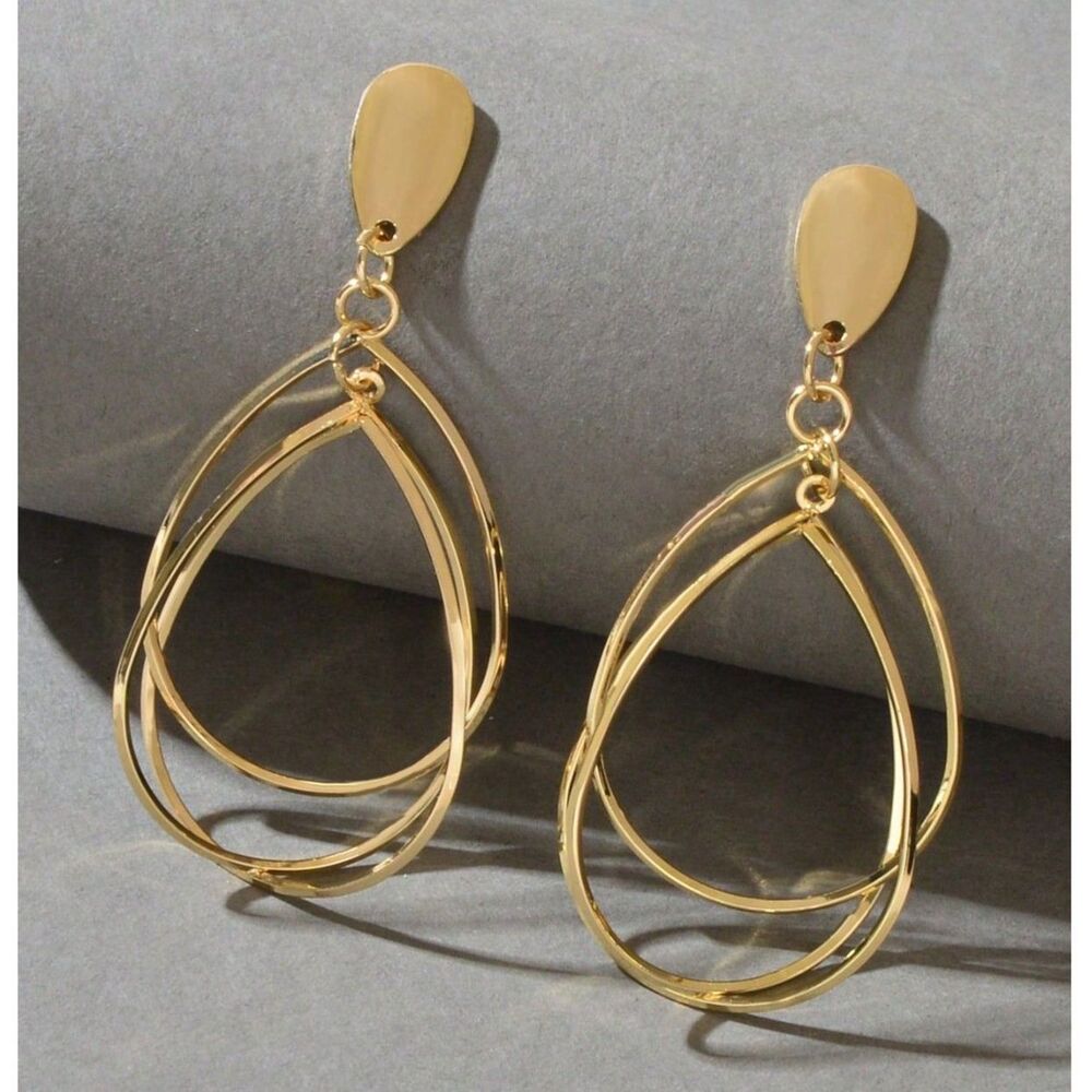 Open Teardrop Pendant Drop Earrings Multi Layer Gold Dangle Swirl Wisk Post Back